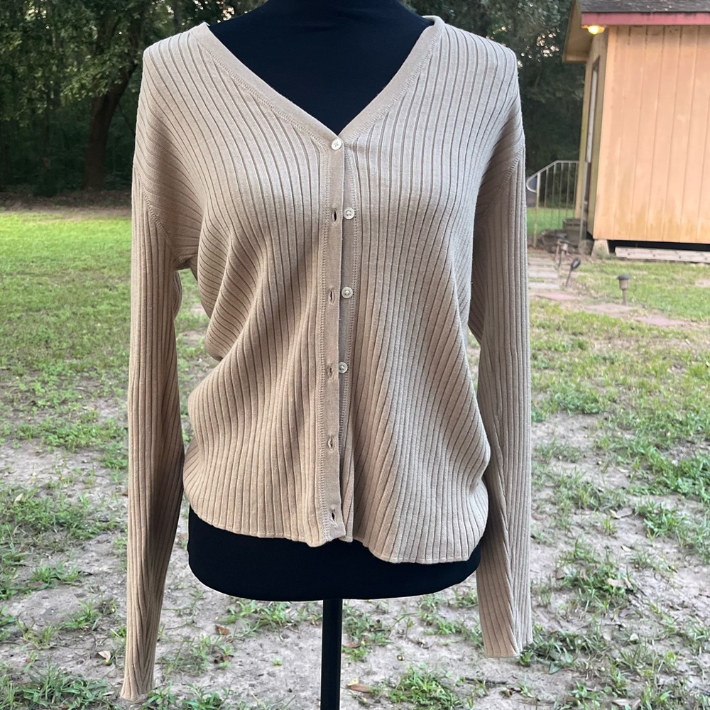 BANANA REPUBLIC SILK CASHMERE TAN RIBBED LONG SLEEVE LIGHTWEIGHT CARDIGAN LARGE